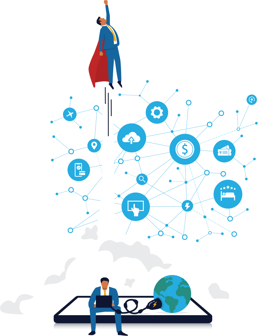 Illustration of a man in a business suit and wearing a cape shooting upwards amongst a data cloud