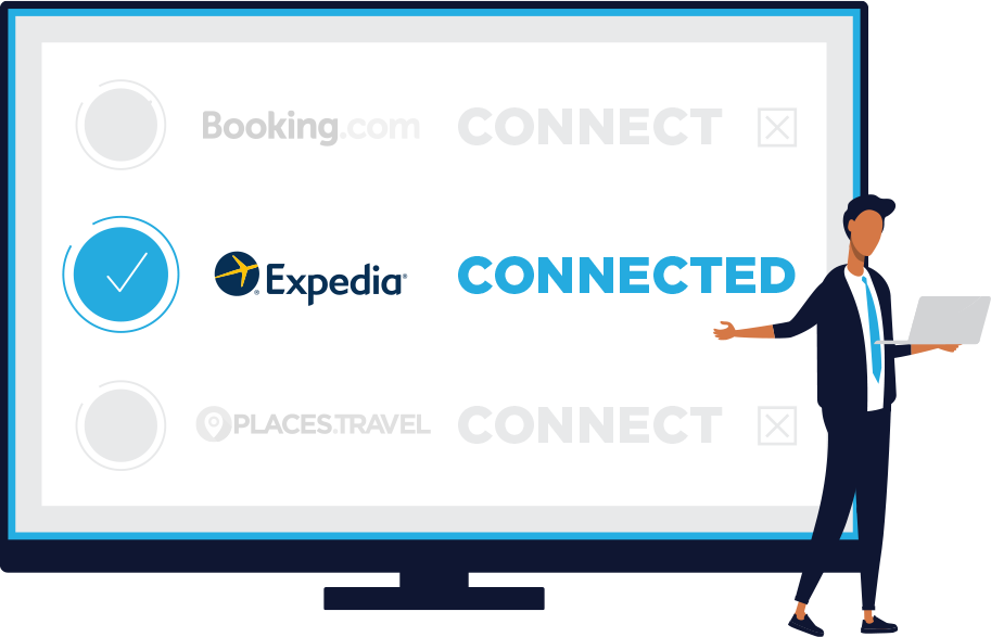Illustration of a man standing in front of a large computer monitor with Expedia and other booking engine logos displayed