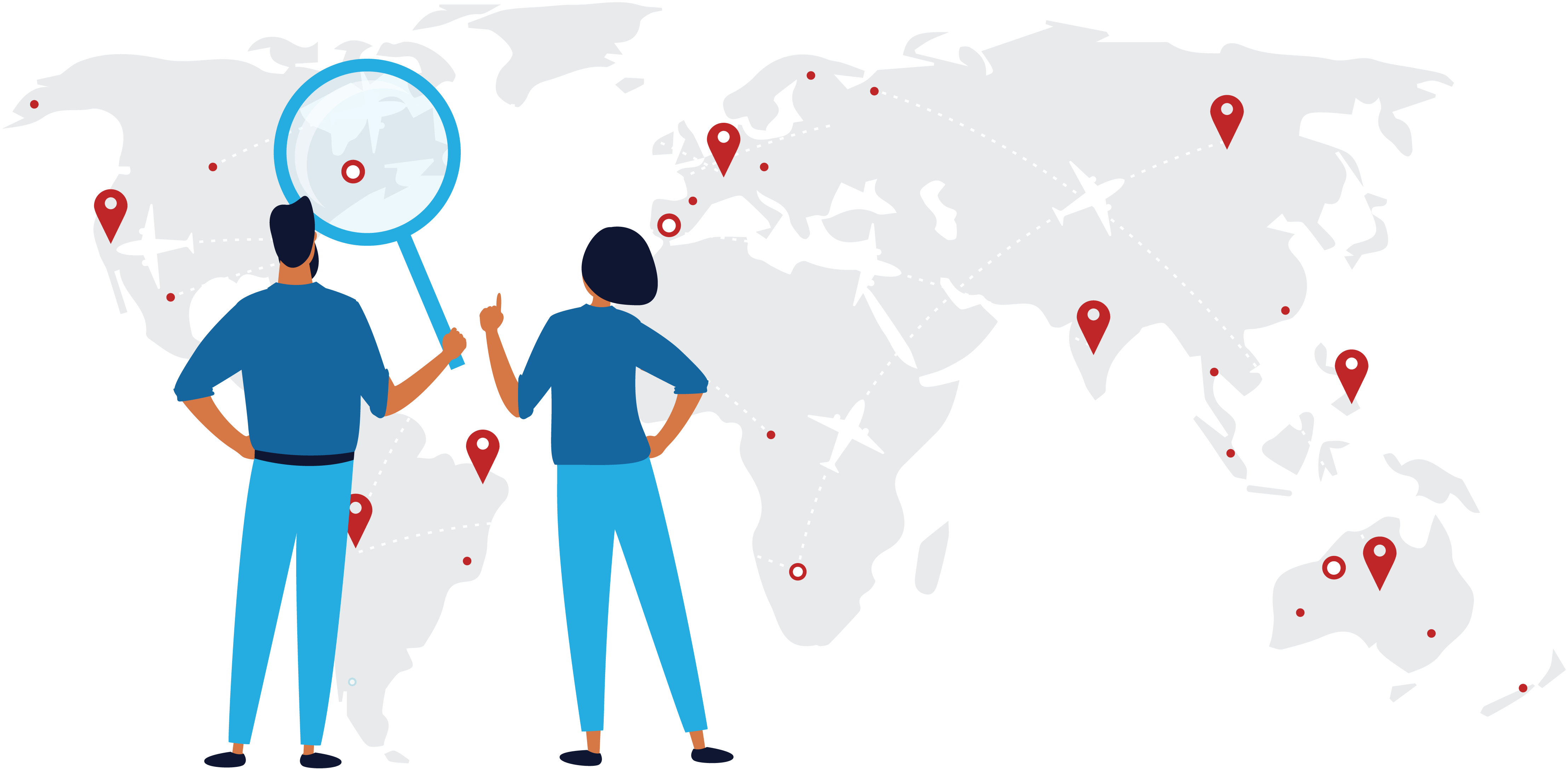 Illustration of people standing in front of a map with plotted points